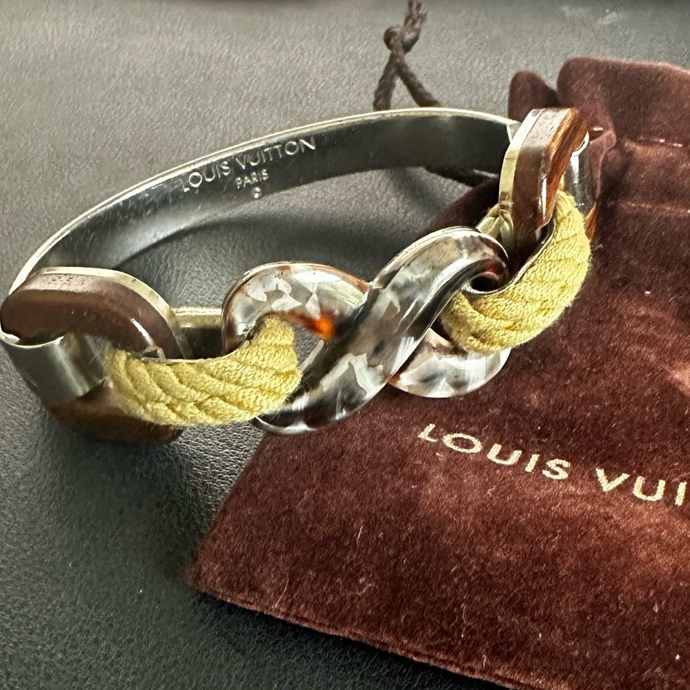 Louis Vuitton Authentic Bracelet Metal Wood Plastic Silver Brown Series Rope